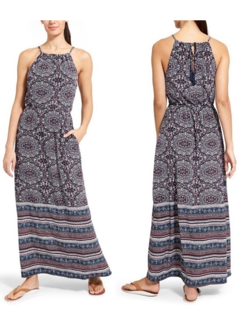 Athleta Island Life Maxi Halter Dress Mosaic Tassel Tie L Large Navy Blue
